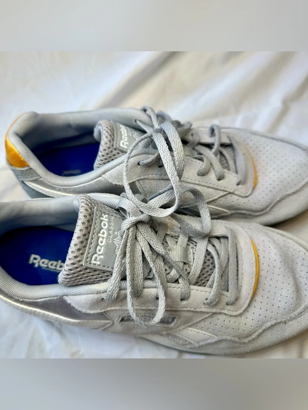 Reebok Men's Light Gray Suede Sneakers with Yellow Heel Tabs - Picture 2 of 9